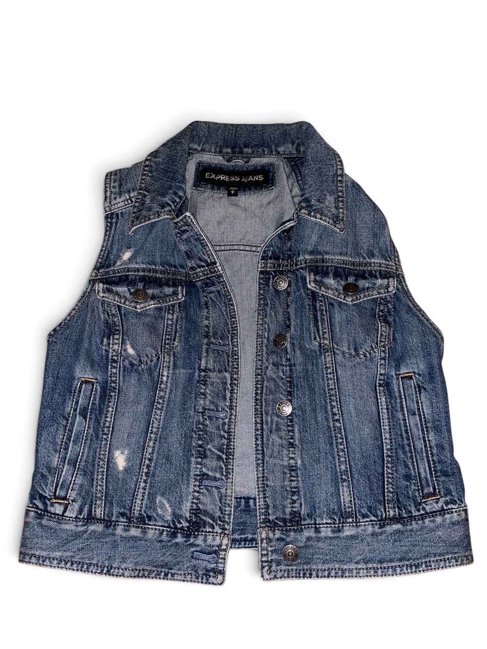 Express Jeans Y2K Vintage Distressed Denim Vest Medium Wash Sleeveless Trucker